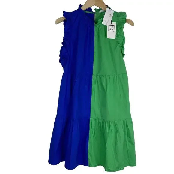 THML Colorblock Shift Dress Womens S Blue Green Pockets Tiered Layers Ruffles - Picture 1 of 8